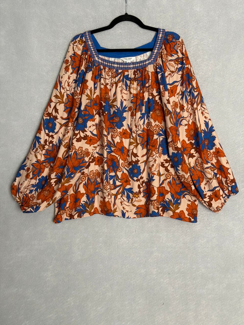 Tru Luxe Jeans Peasant Top Floral Square Neck Long Puff Sleeves Women's XL NEW